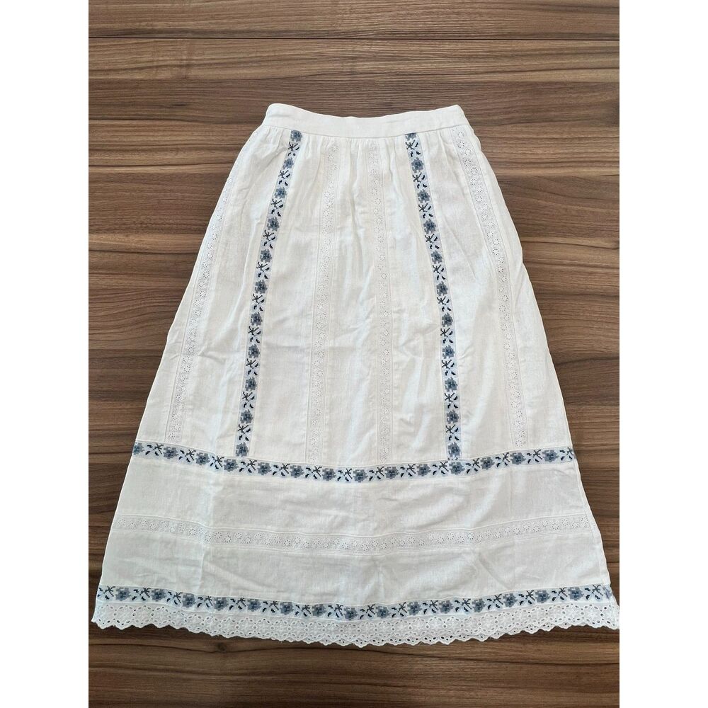 Caroline Constas XS Linen Blend Embroidered Maxi Skirt White Blue Boho Cottage - Picture 6 of 12